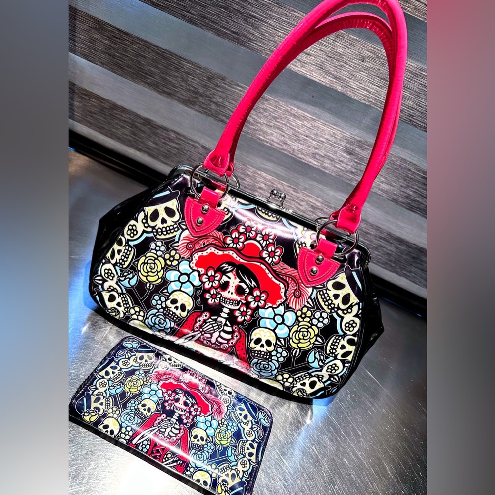Dia de los Muertos retro handbag with matching wallet